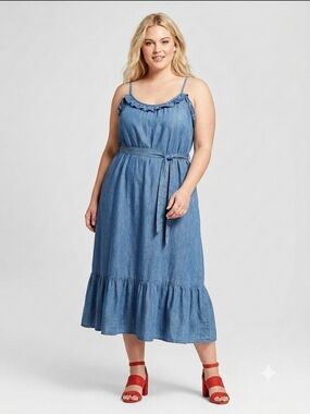 Large Petite GAP Chambray Tie-Waist Midi Dress - Light Blue